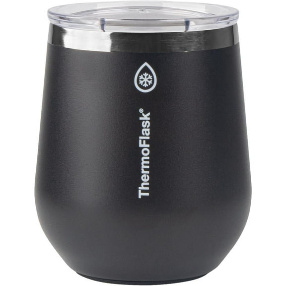 ThermoFlask Drinkware Collection - 12 oz Insulated Wine Tumbler with Leakproof Push N Sip Lid, Jet Black