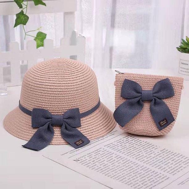 Sombrero de sol para niños, sombrero de sol para niñas, sombrero de paja de verano, conjunto de bolso pequeño, sombrero de pescador con protector solar de verano para playa de princesa