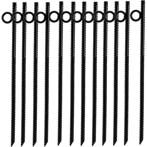 12 Pack 16 Inch Ground Stakes Heavy Duty, Black Steel Ground Anchors with Loop, Reusable Tent Rebar Tent Stakes for Sheds Outdoor Camping Walkway Fence