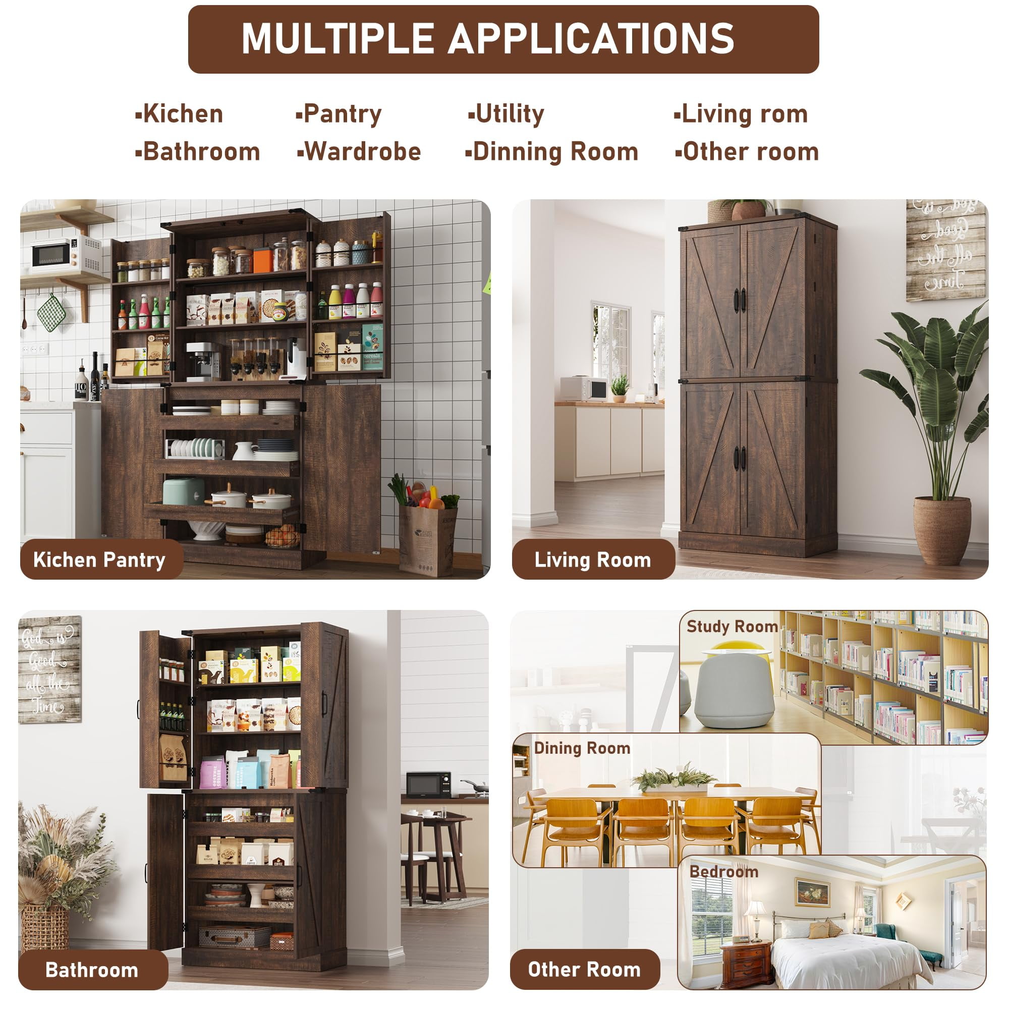 ChVans Farmhouse 71" Tall Kitchen Pantry with 6 Hanging Shelves, 4 Barn Doors Pantry Storage Cabinet with 3 Drawers & Load-Bearing Steel Pipe for Kitchen, Dining Room, Living Room, Rustic Brown
