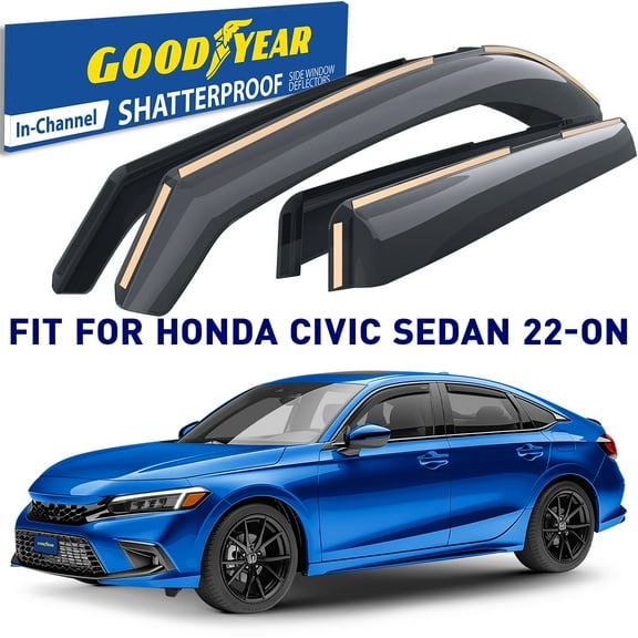Goodyear Shatterproof in-Channel Window Deflectors for Honda Civic 2022-2026 Sedan, Rain Guards, Window Visors for Cars, Vent Deflector, Car Accessories, 4 pcs - GY008433