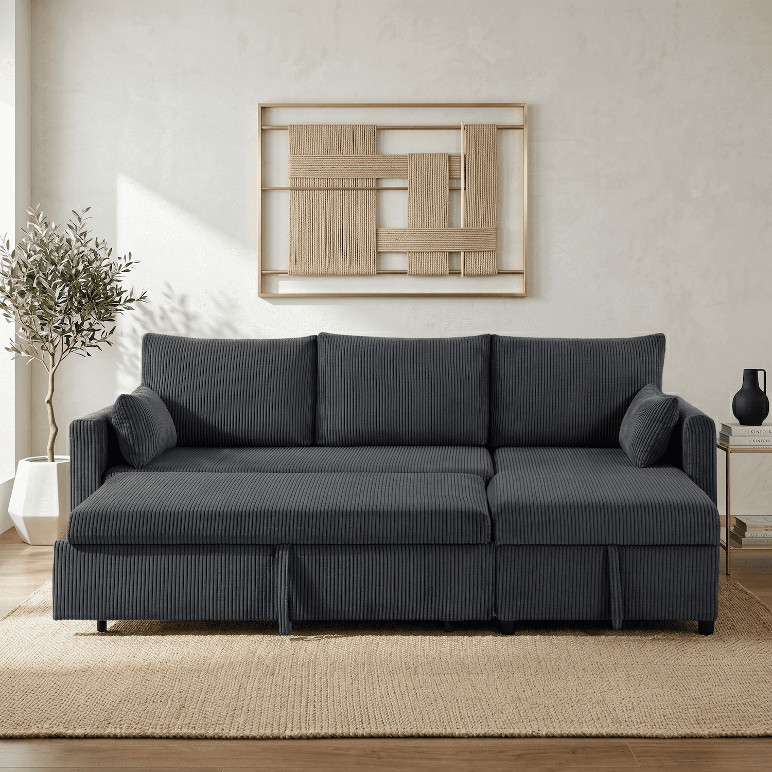 Xiweot 85" Sectional Sleeper Sofa Bed, L Shaped Couch with Pull Out Bed & Storage Chaise, Corduroy 3 Seat Sectional Couch for Living Room Apartment Small Space (Black)