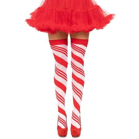 Candy Cane Thigh High - One Size - White/red