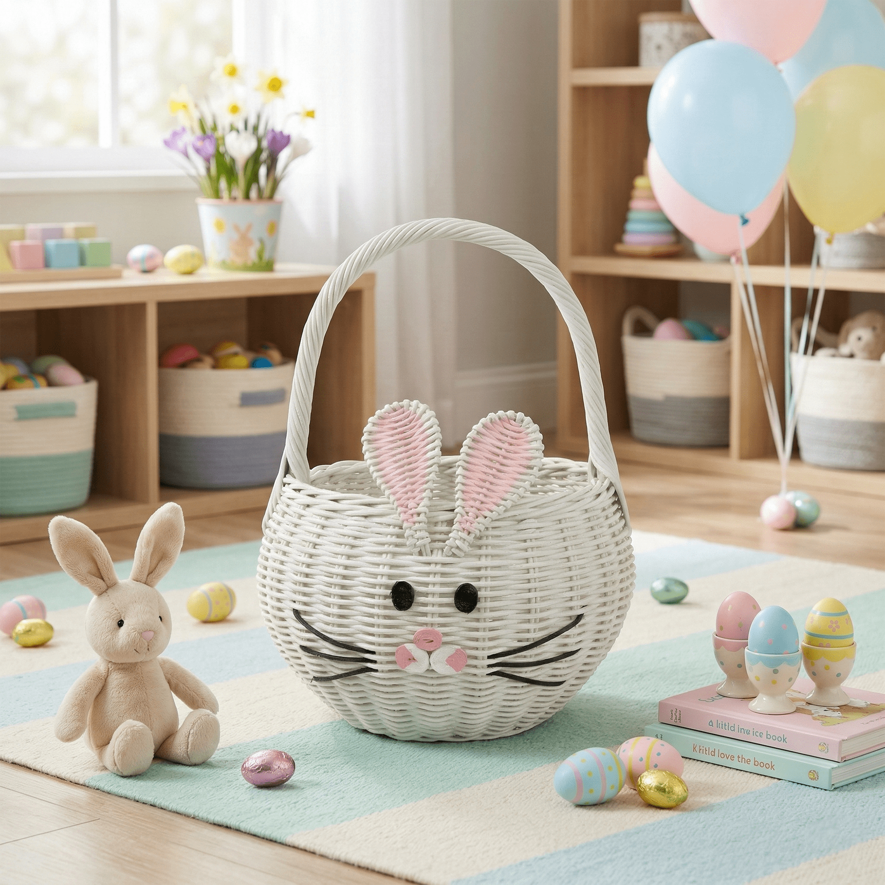 Large Hand Woven Bunny Rattan Wedding Flower Girl Basket Bin Home Decor Cute Handmade Handcrafted Nursery Gift Storage Easter Wicker Rabbit