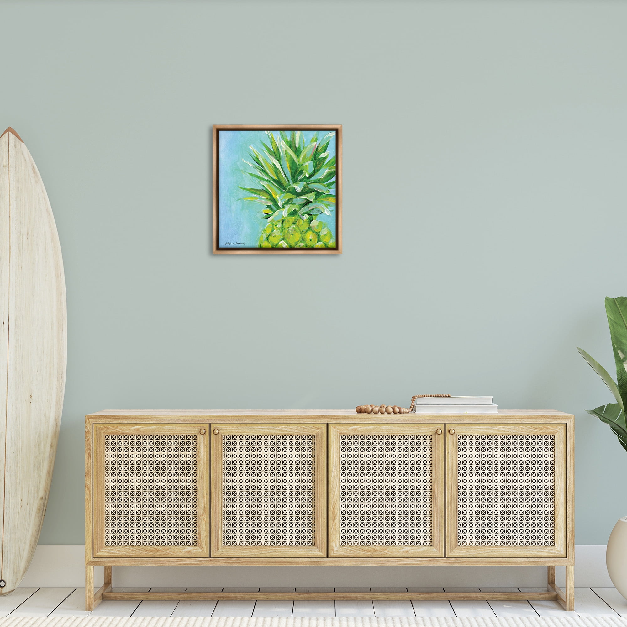 Stupell Industries Tropical Pineapple on Blue Food & Beverage Painting Brown Floater Framed Canvas Art Print Wall Art, 25 x 25