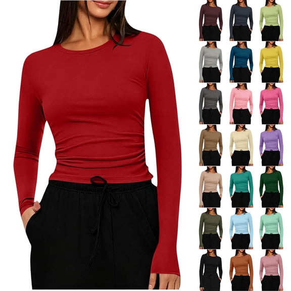 Luivaraty Long Sleeve Shirts for Women Crew Neck Tops Casual Comfy Solid Color Fall Winter Slim Basic Tees Shirts, S-2XL