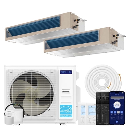 DELLA 41K BTU 2 Zone (22,000+22,000 BTU) Concealed Ducted Mini Split AC, 20 SEER2, Energy Star, 230V Inverter Heat Pump System, Pre-Charged, Work with Alexa and Wifi, 25ft Kit & Thermostat