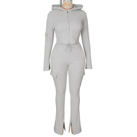 2 Piece Casual Sweatsuit Hooded Full Zip Long Sleeve Jackets Drawstring Flared Pants Stylish Outfits With Pockets (M Gray)