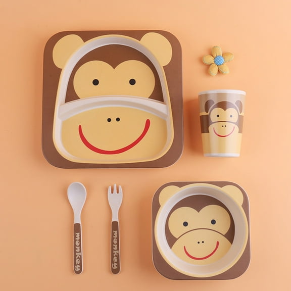 Raindrops Monkey Pattern Kids Set Portable Bamboo Fiber Brown Tableware for Children 5 Pieces