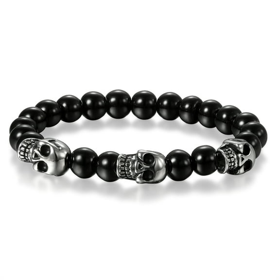 Avaner Beads Skull Head Charm Bangle Bracelet, Stainless Steel Glass, Black