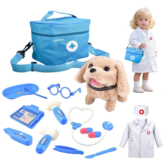 WLBES Toddler Vet Doctor Kit, Dress up Role Playing Doctor Toy With Walking Barking Interactive Plush Dog Toy, Blue Medical Shoulder Bag and Vet Clothes for Kids Ages 3–6