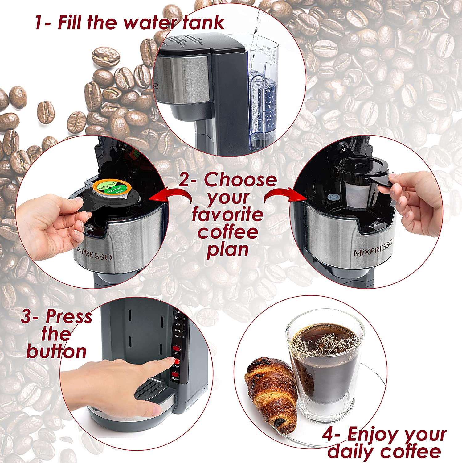 Mixpresso Single Serve Coffee Brewer K-Cup Pods Compatible & Ground Coffee 30 oz (Grey)