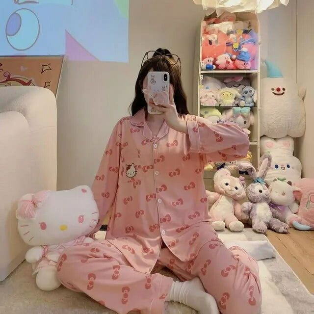 Ensemble de Pyjamas Kawaii Sanrio Hello Kitty Dessin Animé pour Femmes Printemps et Automne Cardigan à Manches Longues Col Rabattu Pyjamas Y2K Vêtements de Maison Amples