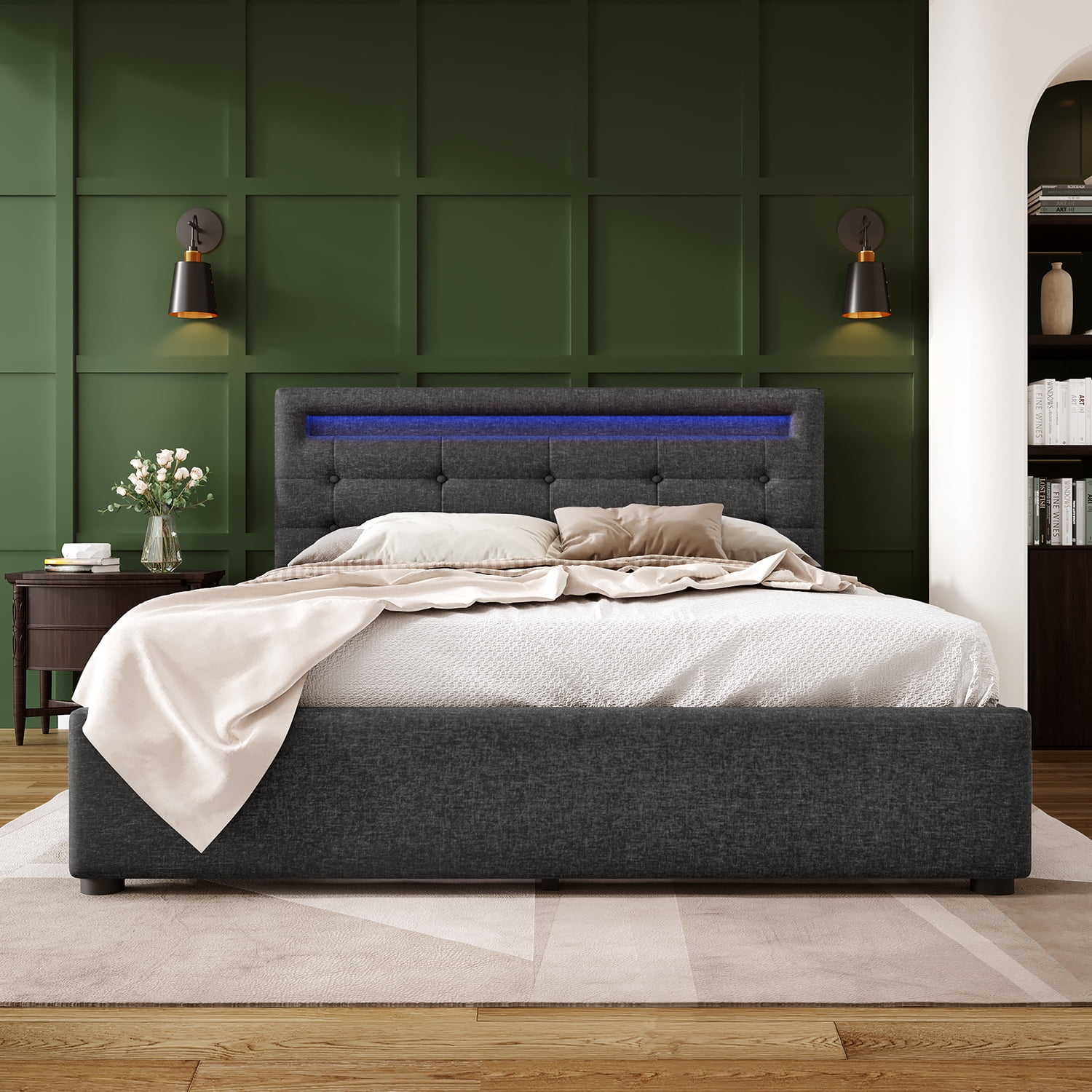 Kadyn Bed Frame Full Size, Upholstered Platform Bed Frame with 4 Storage Drawers and LED Lights & Adjustable Headboard,No Box Spring Needed,Grey