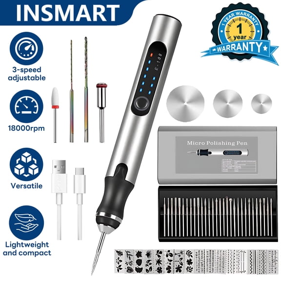 INSMART Mini Engraving Pen Kit, Cordless Portable Tool with 3-Speed 18000RPM, 30 Bits, Low Noise for Jewelry, Wood, Stone and Nail Art