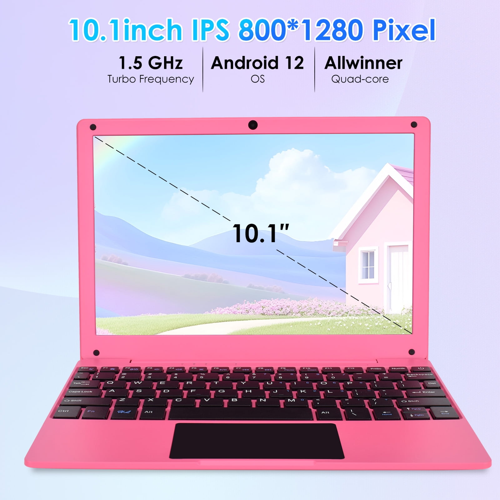 Mini 10.1inch Android 12 Laptop Computer, Portable Small Netbook with Allwinner A133 CPU Android 12 OS 2GB RAM 64GB EMMC HD IPS Screen 1280x800 Pixel 0.3MP Camera