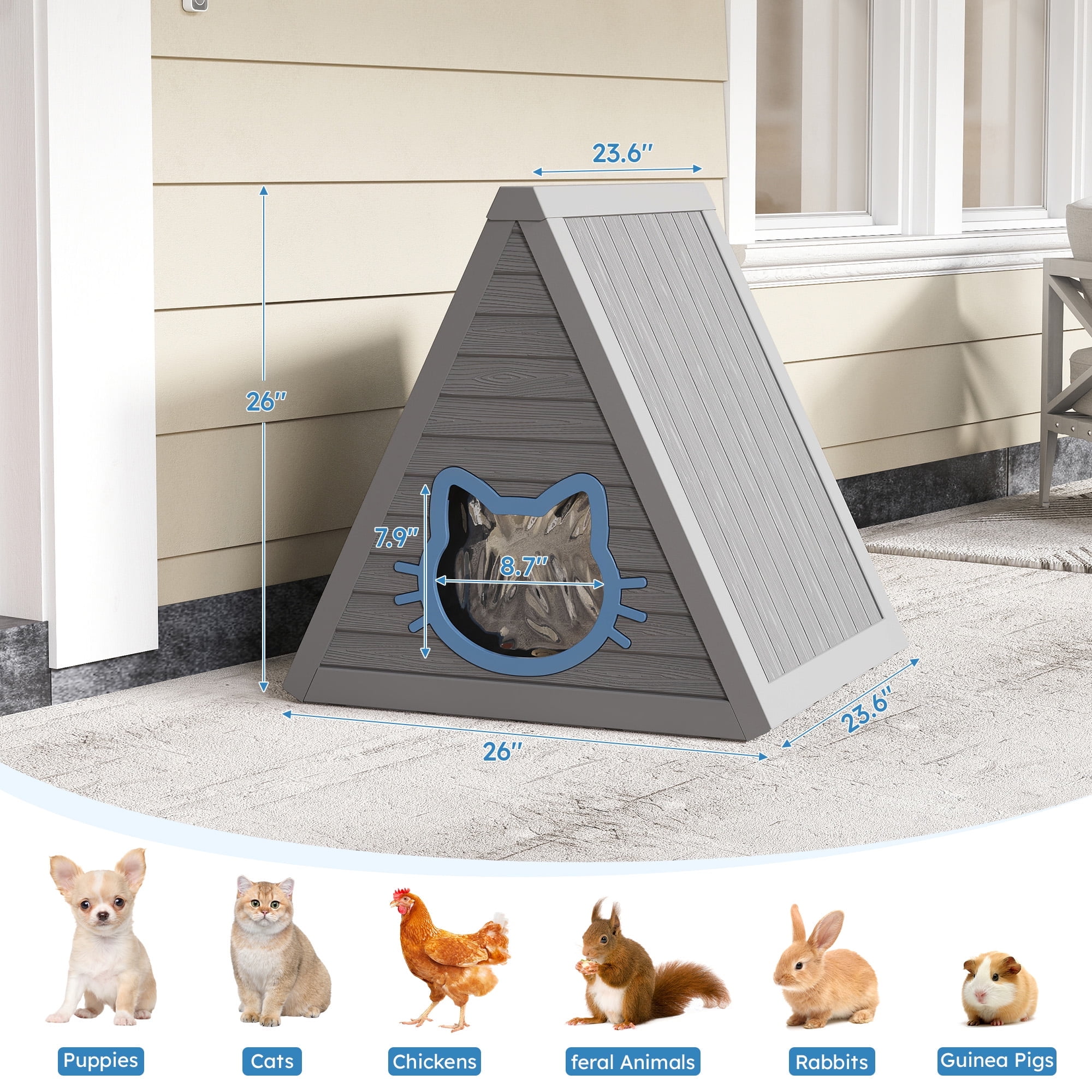 LOJIAWOWE Weatherproof Outdoor Cat House, Triangle Resin Shelter with Moisture & Odor Resistance for Feral and Outdoor Cats, Gray