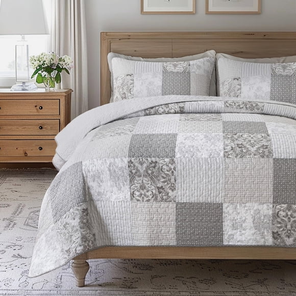 SLPR Juego de edredón de algodón con forro plateado, tamaño Queen con 2 fundas de almohada, diseño de patchwork de piezas neutras, edredón acolchado gris plateado, colcha ligera de verano para granja