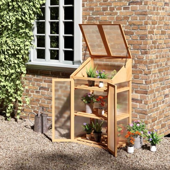 Wooden Cold Frame Greenhouse with Polycarbonate Panels, Fir Wood Frame, Double Door, Top Vent Windows, Removable Shelves for Plants, 27.5"L x 19.75"W x 47.25"H