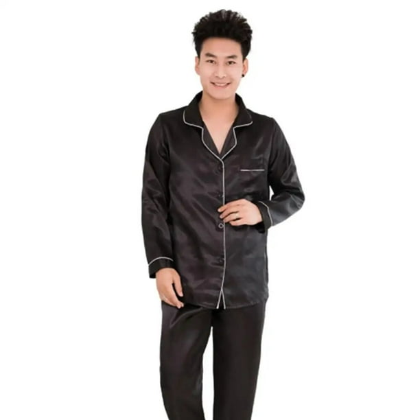 Conjunto de pijama de satén de seda para hombre, ropa de dormir de manga larga de Color sólido, traje informal de dos piezas, pantalones de dormir para el hogar