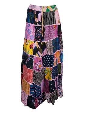 Mogul Women's Vintage Boho Patchwork Floral Rayon Maxi Skirt S/M