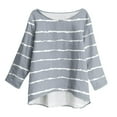 thumbnail image 4 of Womens Tops 3/4 Sleeve Printed Stripe Round Neck Casual T-shirt Loose Tops Gray L, 4 of 6