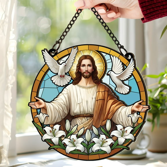 Lotusprinthandmade Jesus Faith and Hope Custom Shape Window Hanging Suncatcher 3.5in, christian window decor, jesus suncatcher