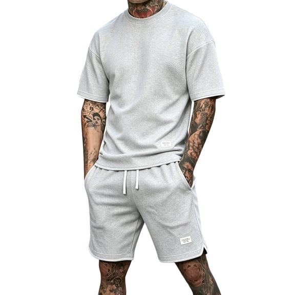 Hearthz Mens Short Sets 2 Piece Outfits Waffle Knit Men's Shirt and Shorts Set Athletic Short Sleeve Summer Tracksuits Casual Set Light Gray XL