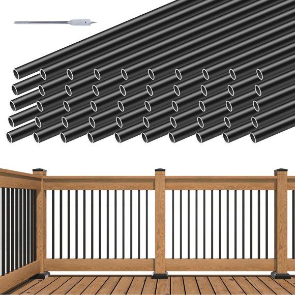 Muzata Paquete De 50 Balaustres De Aluminio Para Cubierta De 32 Pulgadas, Redondos, Negros, Barandillas Para Escaleras, Porche, Escaleras, Husillos De 3/4 Pulgadas De Diámetro, Huecos Para Madera Y Cu