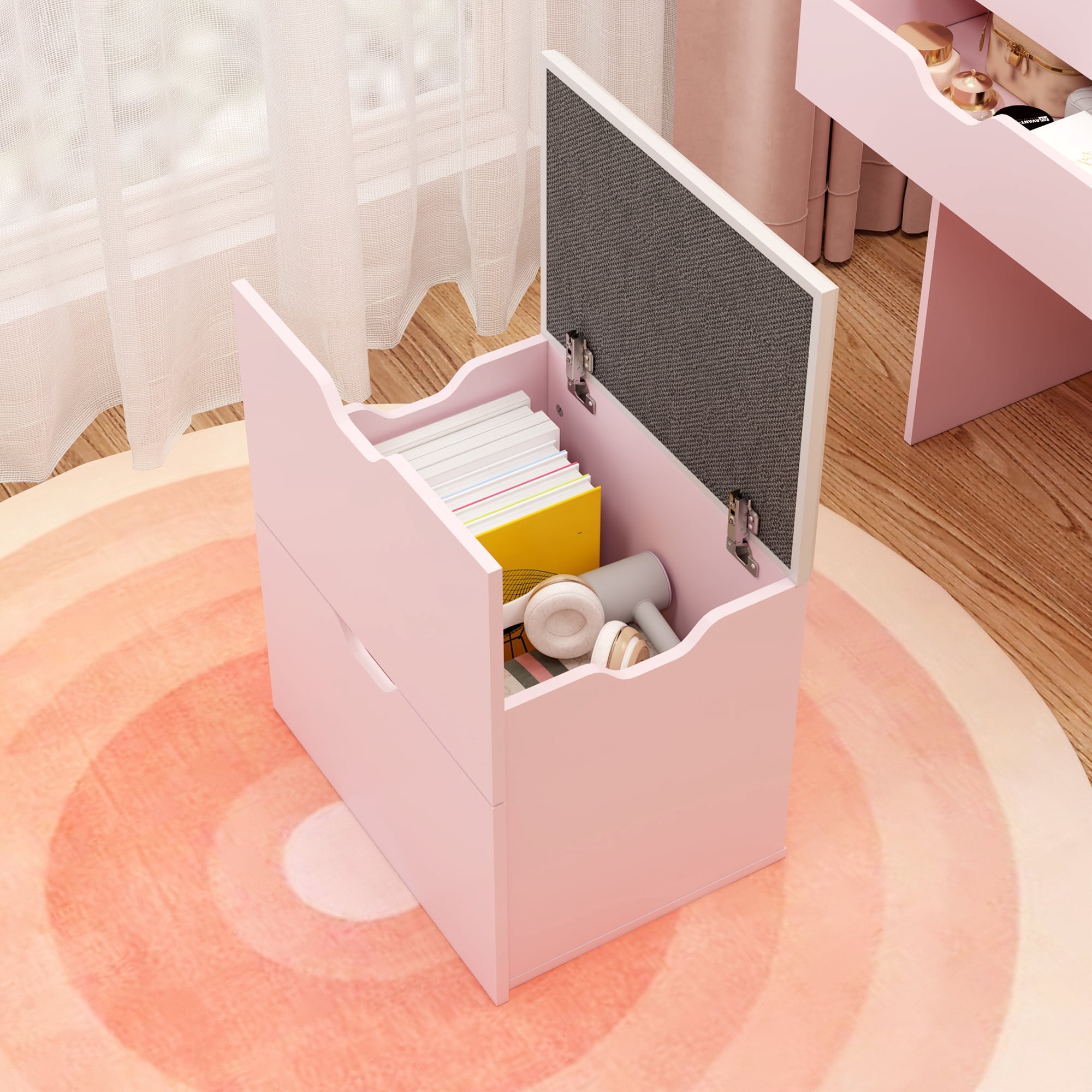 Leumius 3-in-1 Vanity Desk with Lights & Mirror,Small Makeup Vanity Set with 3 Lighting Modes & Hidden Storage Stool,Multifunctional Dressing Table Set for Small Space,Bedroom,Pink