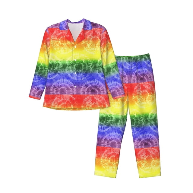 Fotbe Colorful Tie Dye Pijama de Hombre con Estampado de Manga Larga, Conjunto de 2 Piezas, Ropa de Dormir Suave y Cómoda con Bolsillos-Large