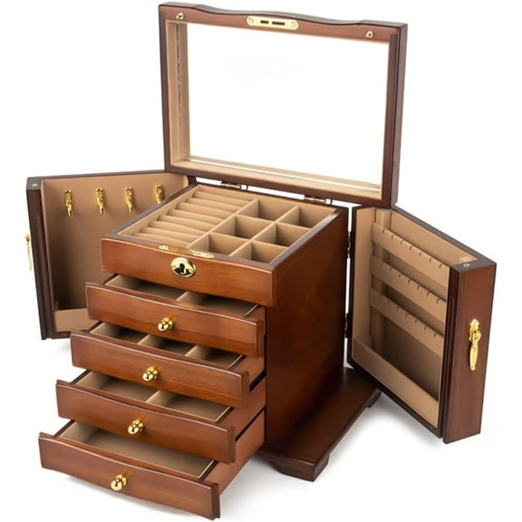 Wooden Jewelry Box for Women, Solid Wood Organizer with Combo Lock for Jewelries, Necklaces, Rings, Vintage Style Storage Box with Mirror (pine wood)