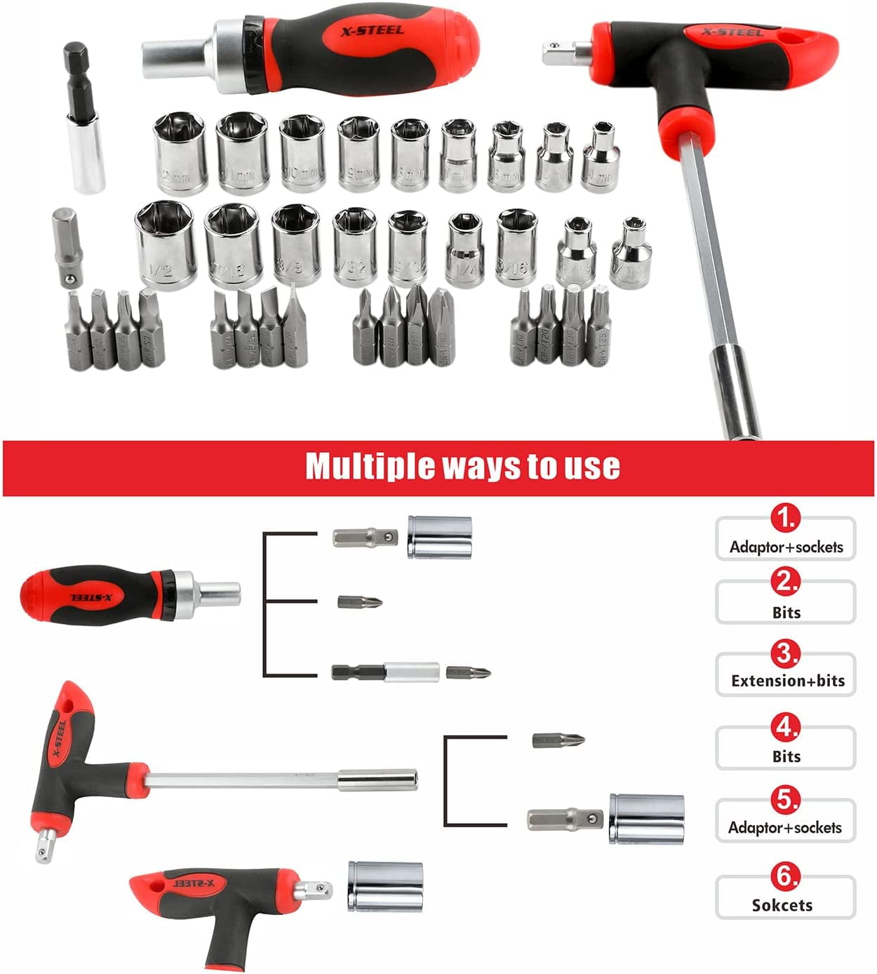 38-Piece Screwdriver Bit Set，CR-V steel Impact Bit Set，1/4”Hex Shank Drill Bit Set with T-handle and magnetic ratchet handle and Storage Box for Impact Drivers, Professional & DIY Use