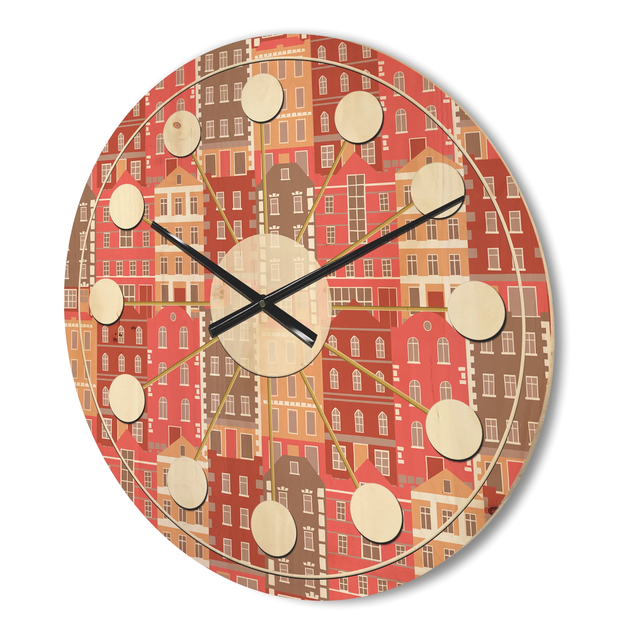 Designart 'Colorful Sotoies Houses' Mid-Century Modern Wood Wall Clock