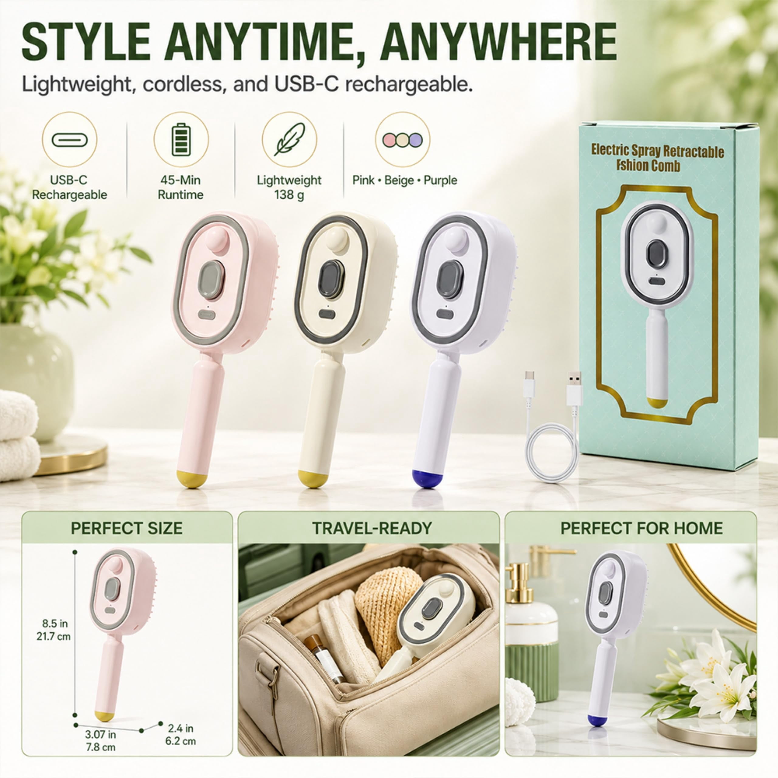 Electric Spray Air Cushion Massage Comb, 5 in 1 Electric Steam Brush for Hair with Retractable Cleaning Airbag, Detangling & Anti-Static, USB-C Rechargeable for Straight & Curly Women