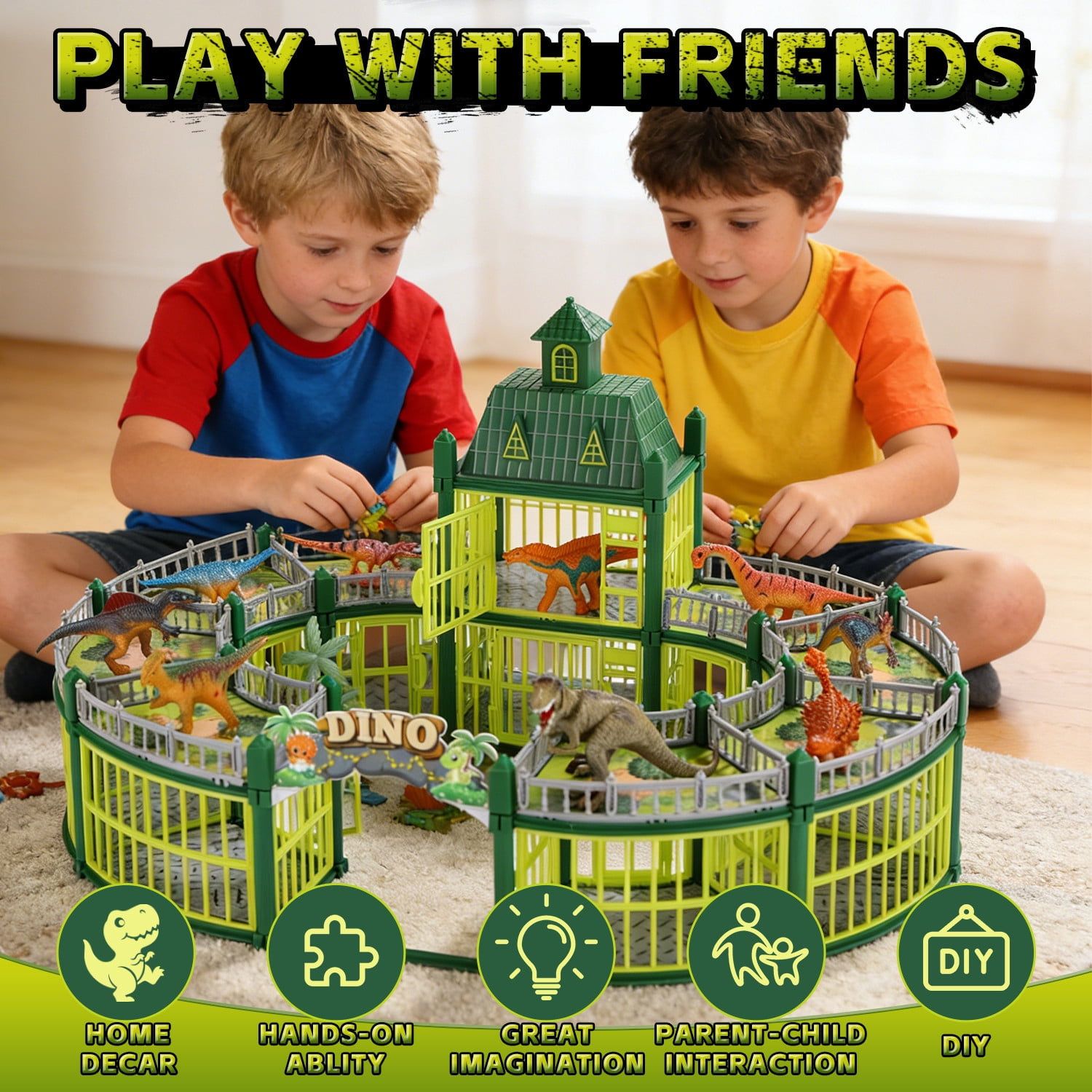 JoyStone 215PCS Dinosaur Figures Playset with Lights & Music, Dinosaur Park Toy Set with Arena, 18 Dinosaurs & Trees, Green