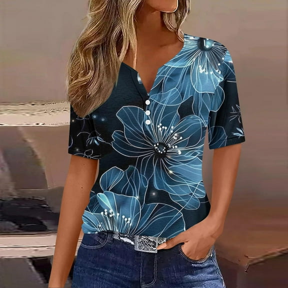 Sakmal Fashion Shirts Women's V-Neck Short Sleeve Floral Shirts T-Shirts Summer Tops Trendy