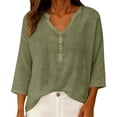 thumbnail image 4 of Womens Short Sleeve Tops Casual V Neck Button 3/4 Sleeve Linen Blouse Loose Fit Solid Color Tops for Summer, 4 of 6