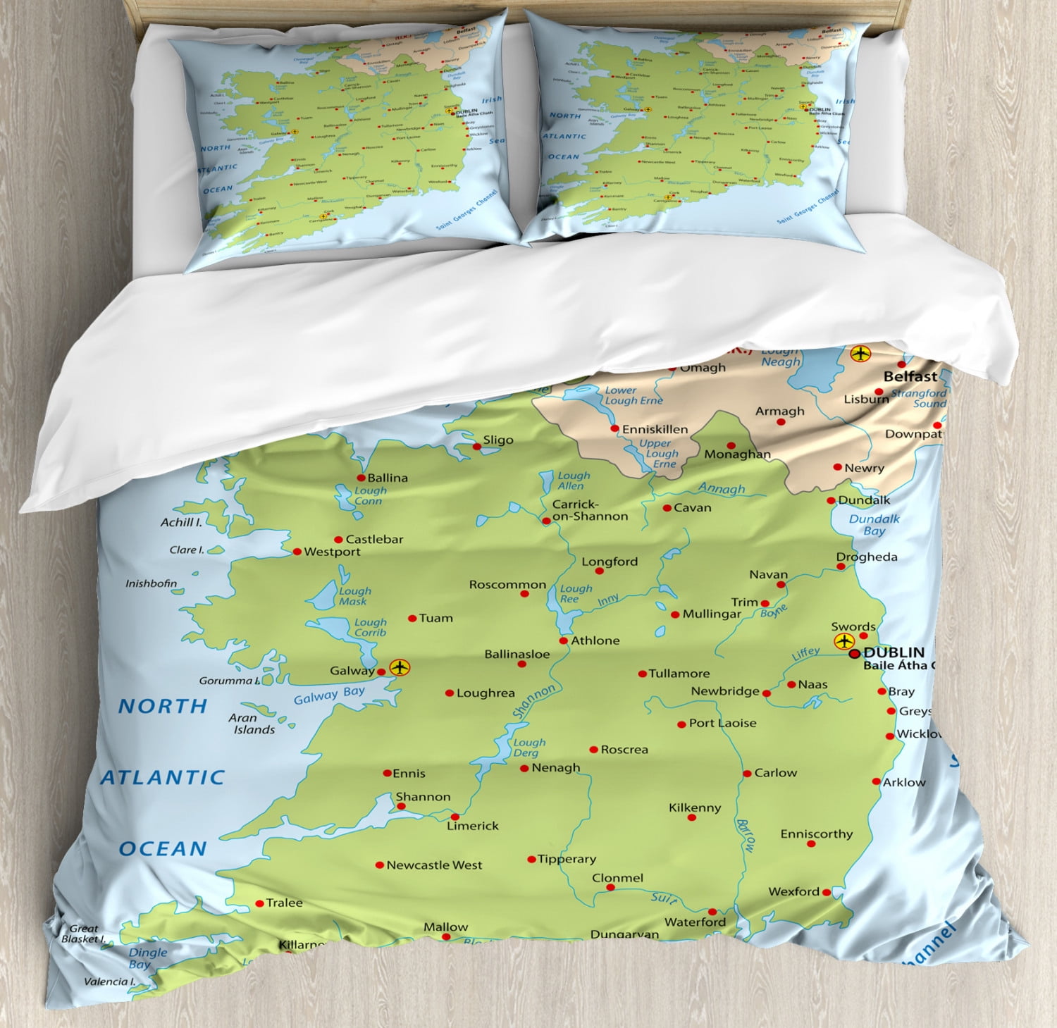 Ireland Map Duvet Cover Set, Demonstration of Irish Region European Travel Guide Elements