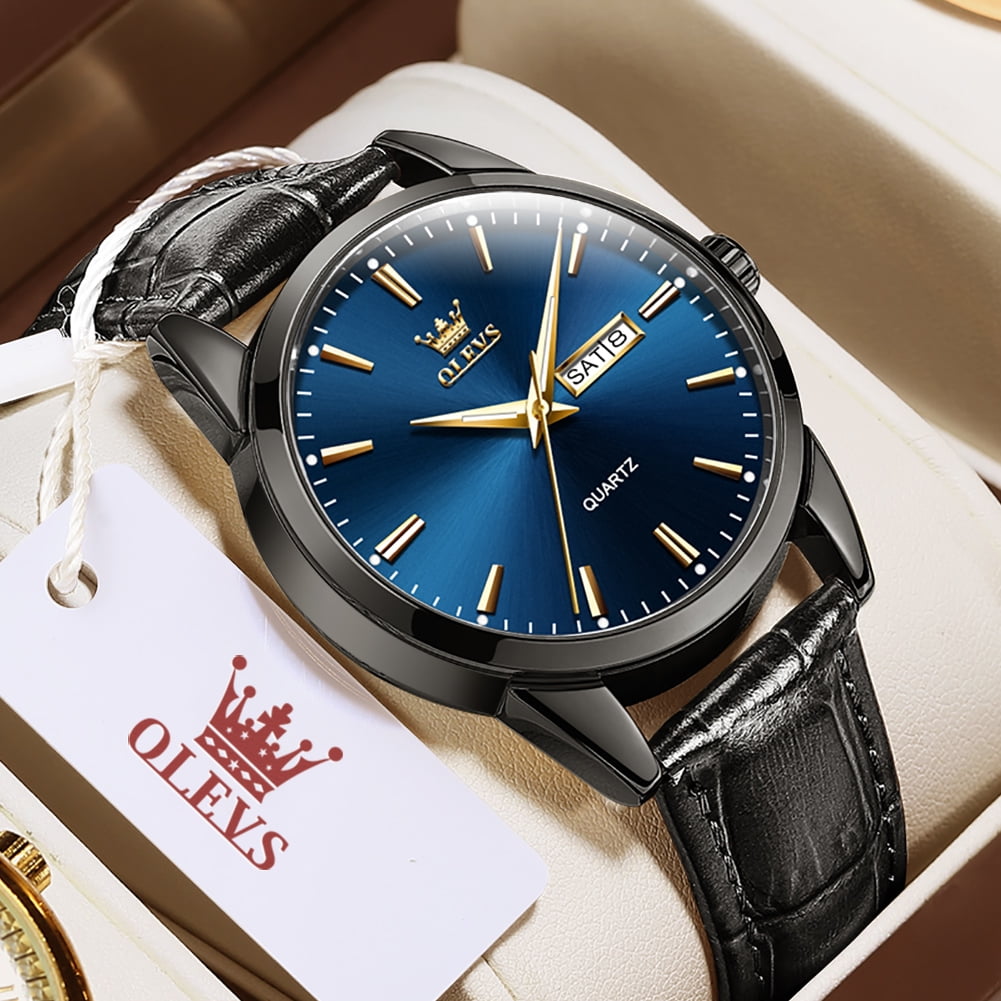 OLEVS Mens Watches,Black Leather Watch for Men,Analog Quartz Fashion Business Dress Watch Luminous Waterproof Casual Male Wrist Watches Reloj para Hombre Blue Dial