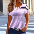 thumbnail image 3 of Karymi Short Sleeve Shirts for Women Striped Short Sleeve T‑Shirt, Crisscross Cutout V‑Neck Casual Tee Top, Hollow‑Out Neckline Casual Basic Top, Versatile for Daily Outings Womens T Shirts, 3 of 5