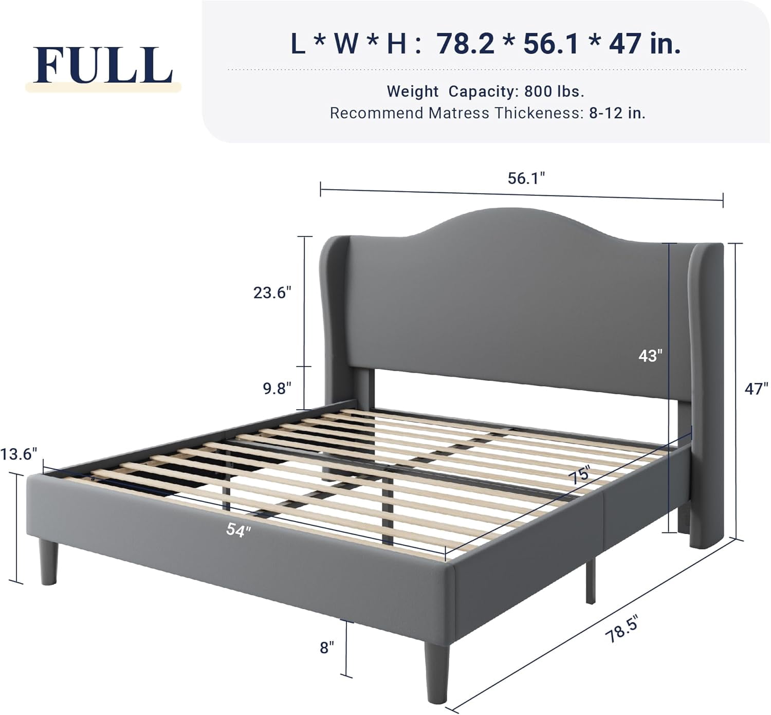 Allewie Full Size Bed Frame, Upholstered Wingback Platform with 47" Tall Tufted Headboard, Plush Velvet Fabric, Modern Minimalist Design, No Box Spring Required, Tool-Free Assembly, Gray