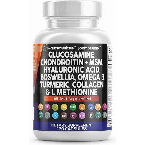 Clean Nutraceuticals Glucosamine Chondroitin MSM Turmeric Hyaluronic Acid Boswellia Collagen Tart Cherry - Joint Support Supplement Omega 3 Pills Ginger Quercetin Capsules - 120 Count USA