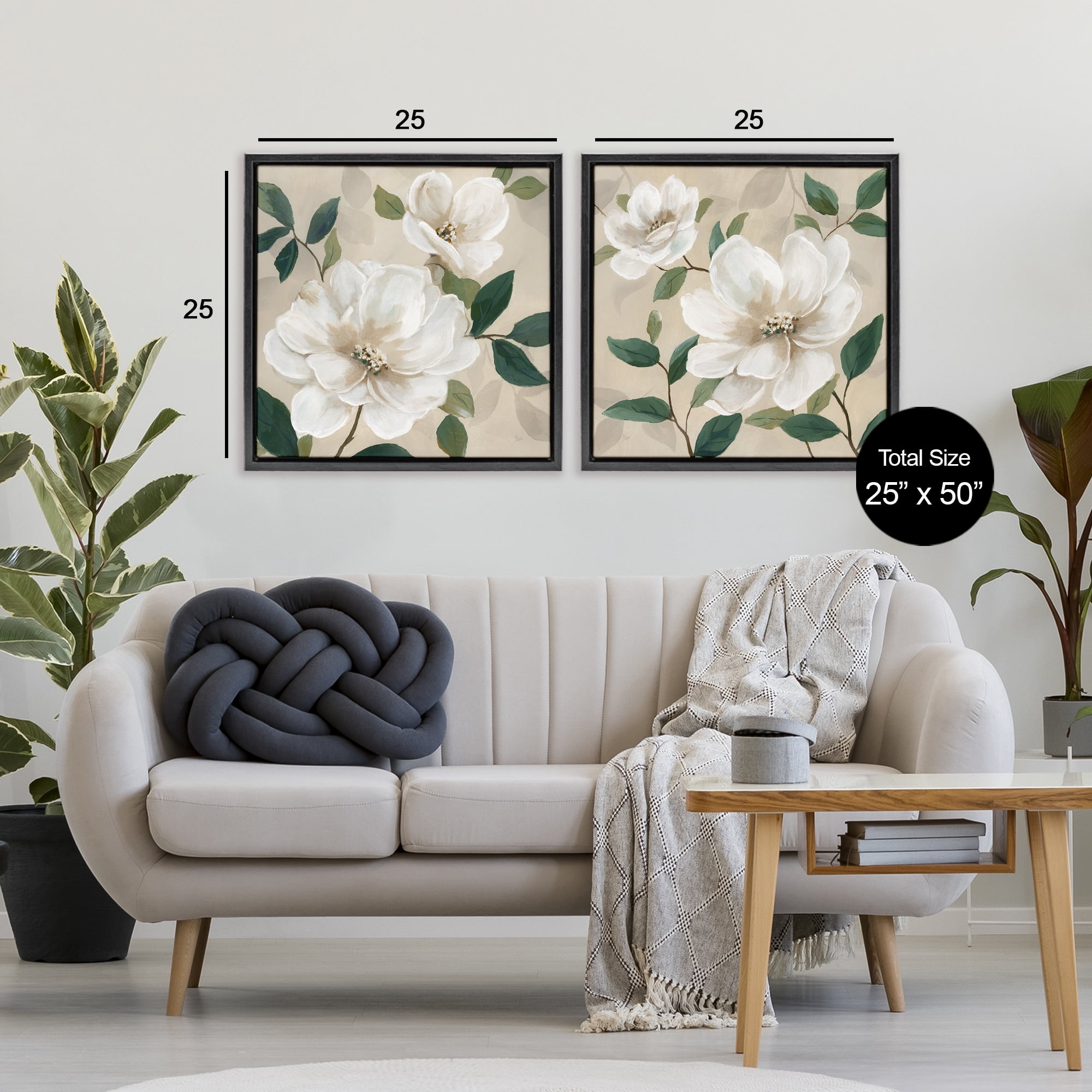 Stupell Industries Serene White Blossoms & Foliage 2 Piece Black Framed Floater Canvas Set, design by Nan