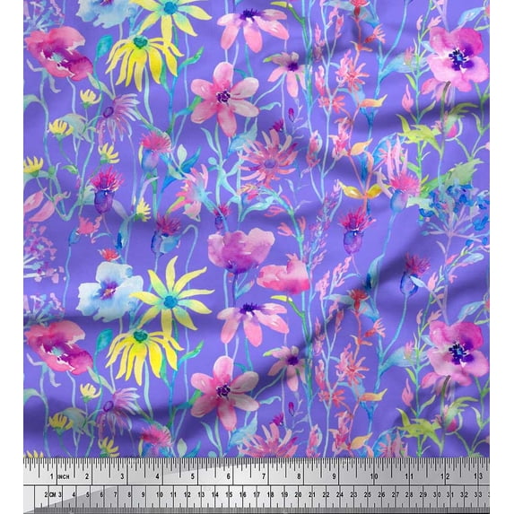 Soimoi Crepe Silk Fabric Flower Watercolor Print Sewing Fabric Yard 42 Inch Wide