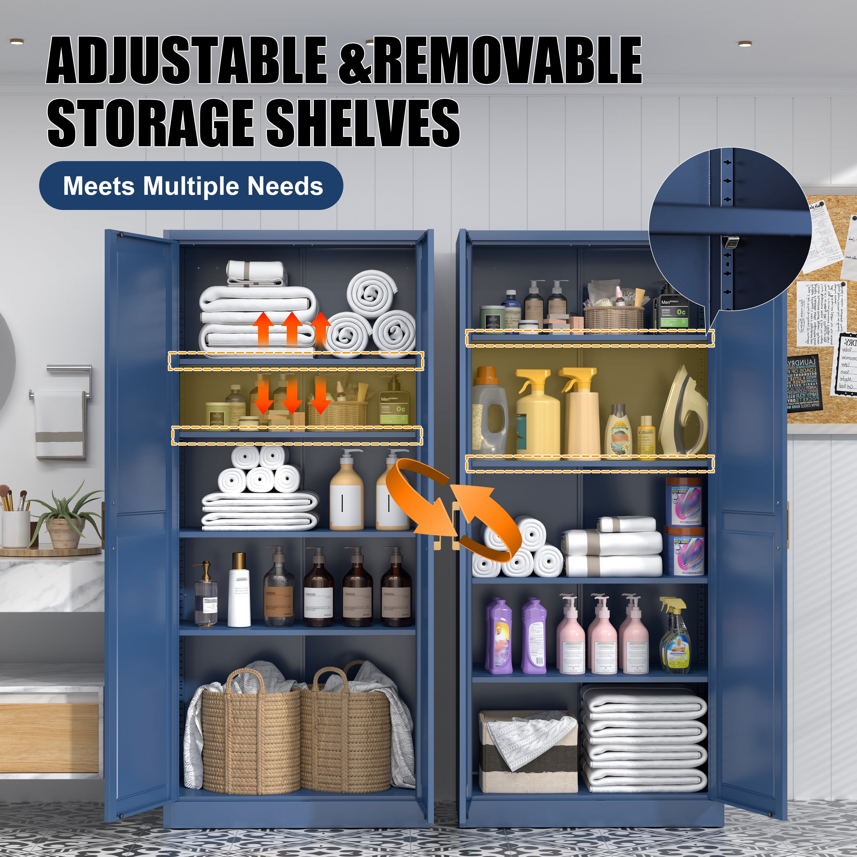 Polup 71" Height Metal Blue Storage Cabinet, Modern Steel Pantry Cupboard with 2 Doors and Adjustable Shelves for Kitchen Garage and Home