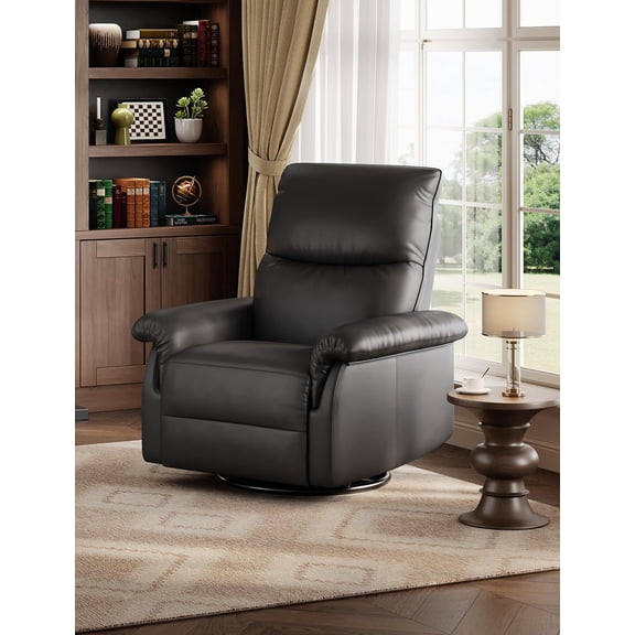 Swivel Rocking Recliner Chair, Manual Leather Recliner Glider with Lumbar Support & Padded Armrest, Comfortable Rocker Nursery Single Sofa for Living Room and Bedroom (Black)