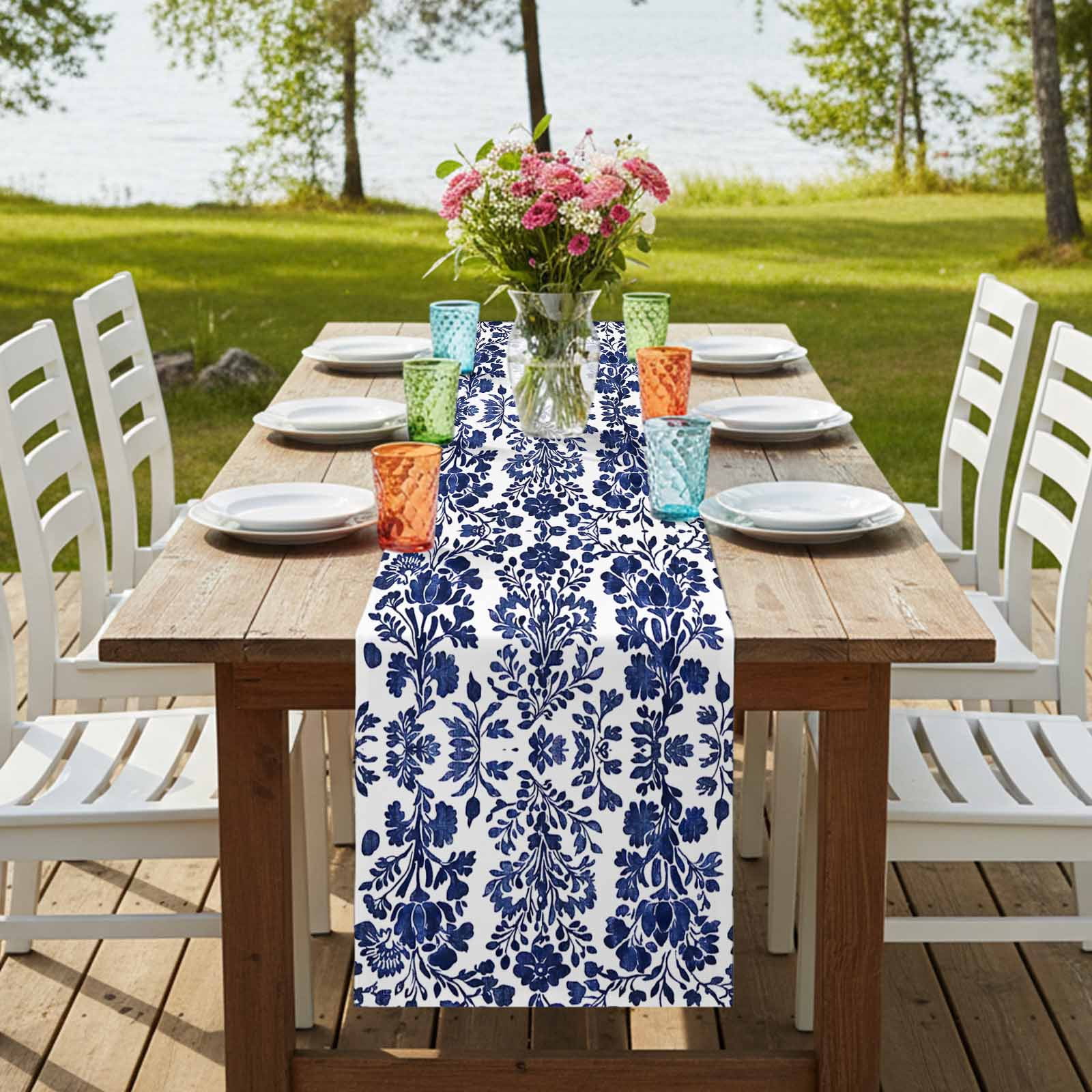 Blue Spring Floral 108 Inch Table Runner, Summer Botanical Farmhouse Farmhouse Dresser Scarf Cotton & Linen Tablerunner for Dining/Kitchen Island/Holiday Party Décor 13" x 108"