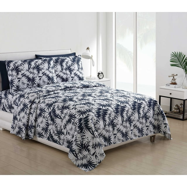 4 Piece Bed Sheet Set Navy and White Beach House Palm Fern Leaves ...