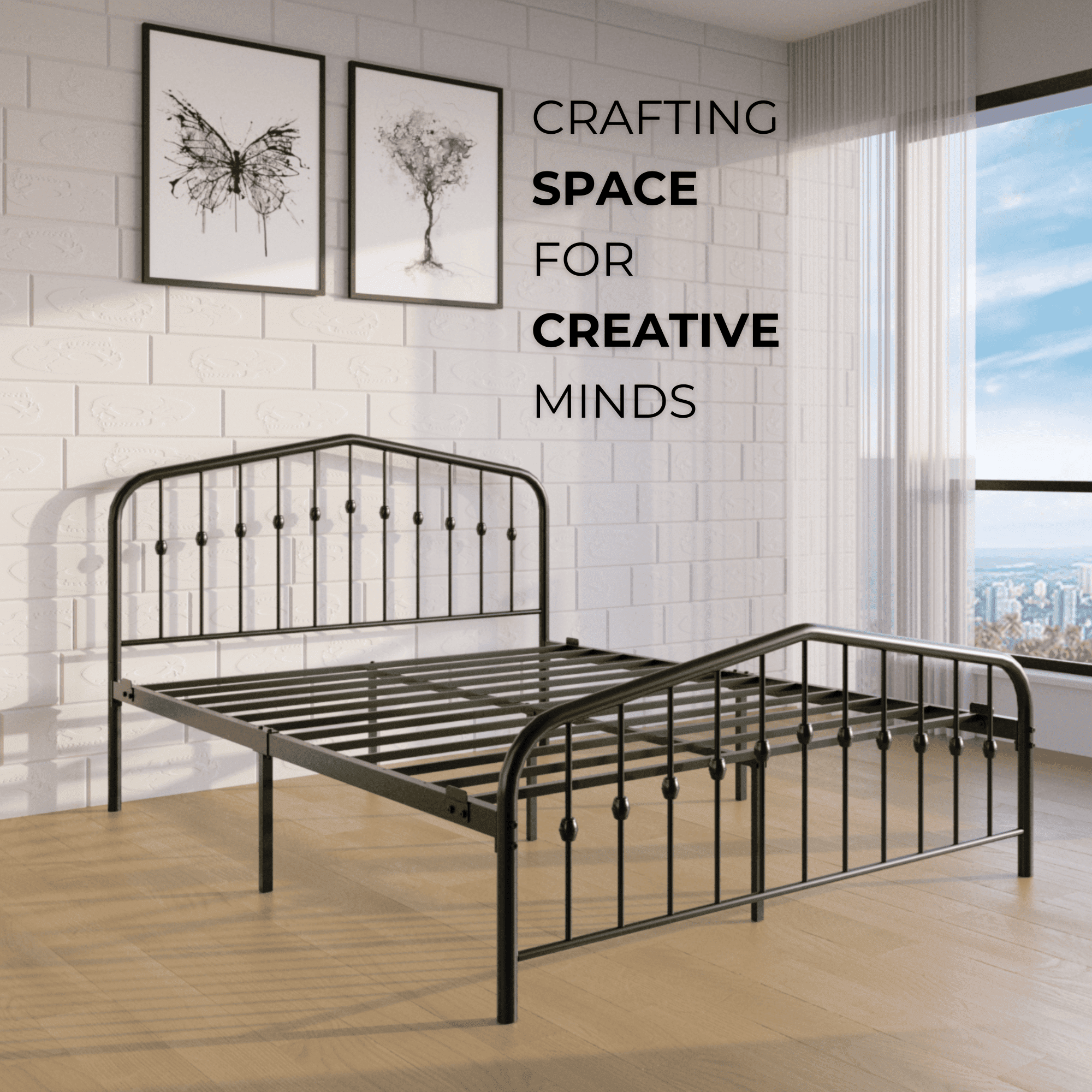 Golden Gate Beds Washington Metal Platform Bed Frame with Antique Victorian Wrought Iron-Art Headboard and Footboard, Classic Vintage Art Deco Style Foundation, No Box Spring Needed, Black,Queen Size